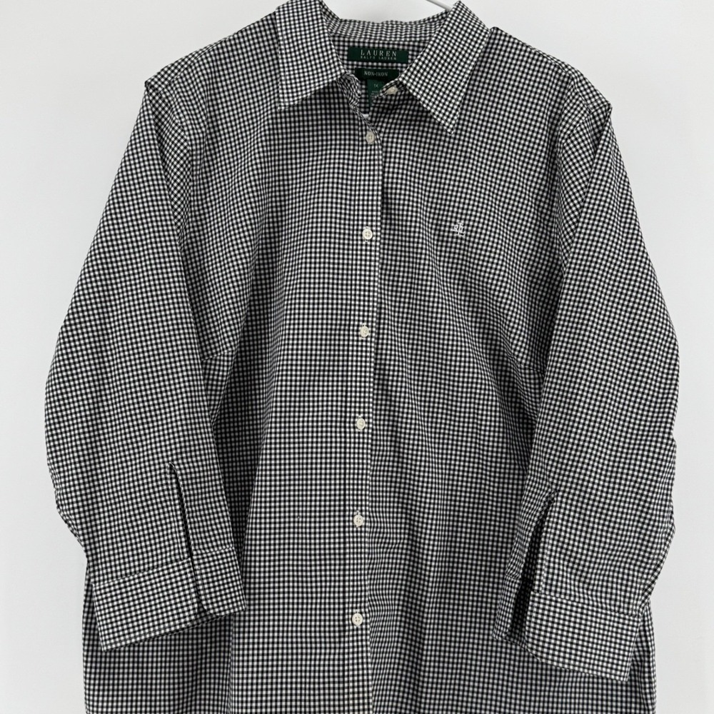 Lauren Ralph Lauren ECU Women Black White Gingham Check Button Down Blouse 1x - Picture 5 of 10